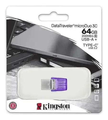 PEN DRIVE USB-C/USB-A KINGSTON DT MICRODUO 64GB USB 3.2 200MB COLOR NEGRO LISA, foto 1 de 3