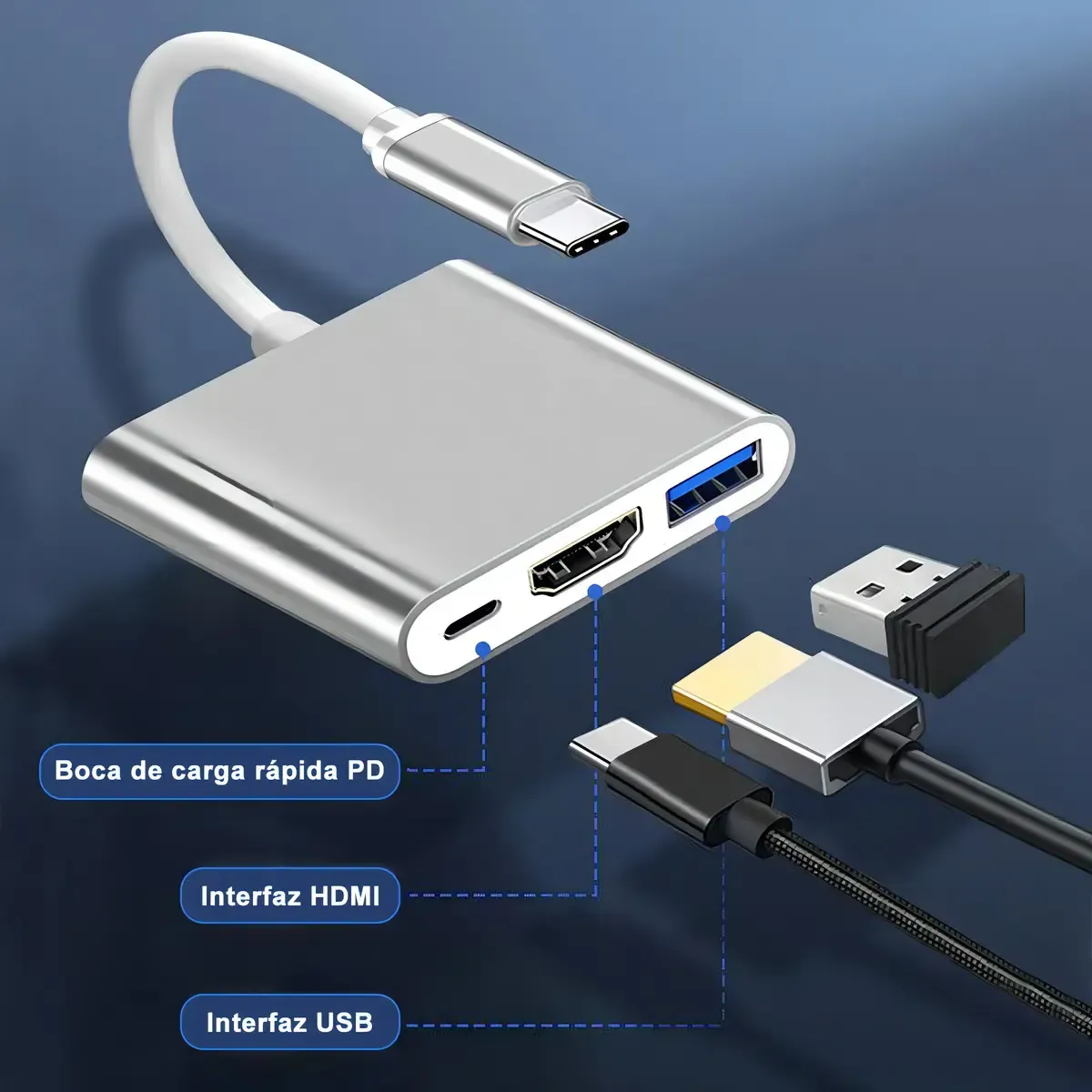 ADAPTADOR TIPI C 3 EN 1 HDMI + USB 3.0 - TYPO C, foto 1 de 4